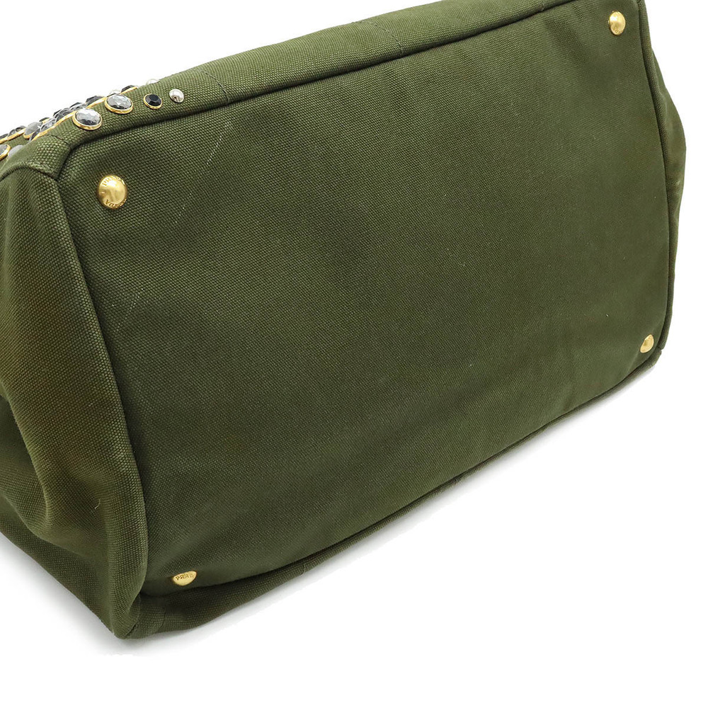 Prada Canapa Tote Bag Handbag Rhinestones Studs Canvas MILITARE Khaki Green - Picture 3 of 8